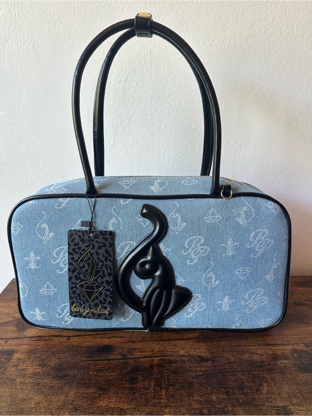 Baby Phar Blue Denim Shoulder Bag with Black Cat Logo & Trim Satchel NWT
